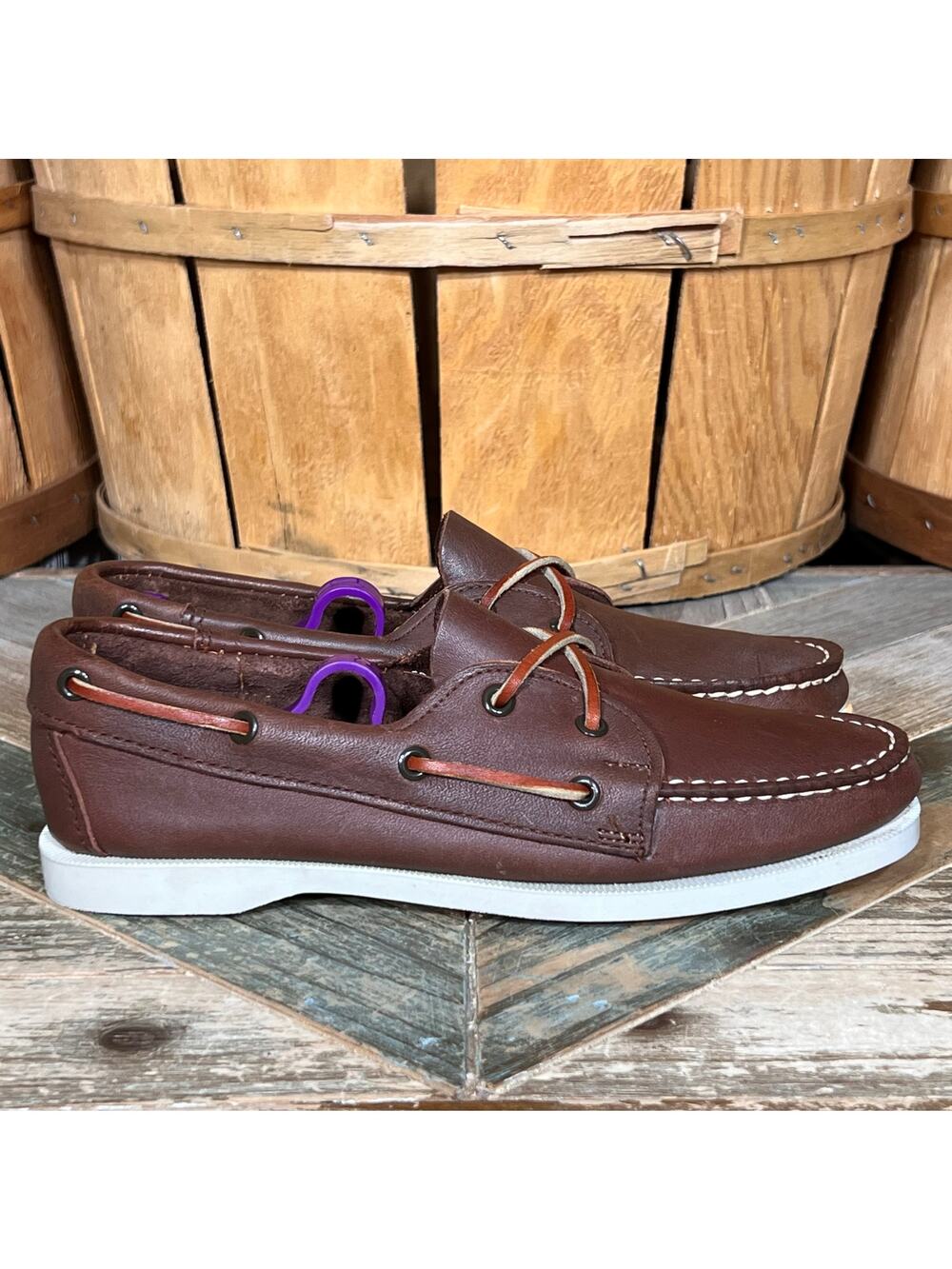 Thom McAn Authentic 2 Eye Brown Leather Vintage USA Boat Shoes Youth Boys Size 4